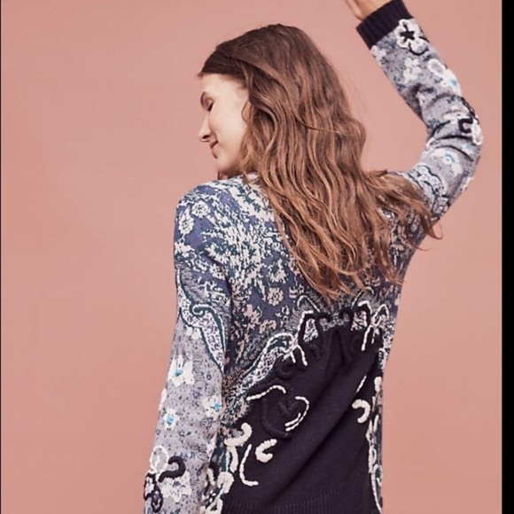 Anthropologie HWR Monogram Emmia Hand Stitched Open Front Cardigan Sweater Med - Picture 3 of 14